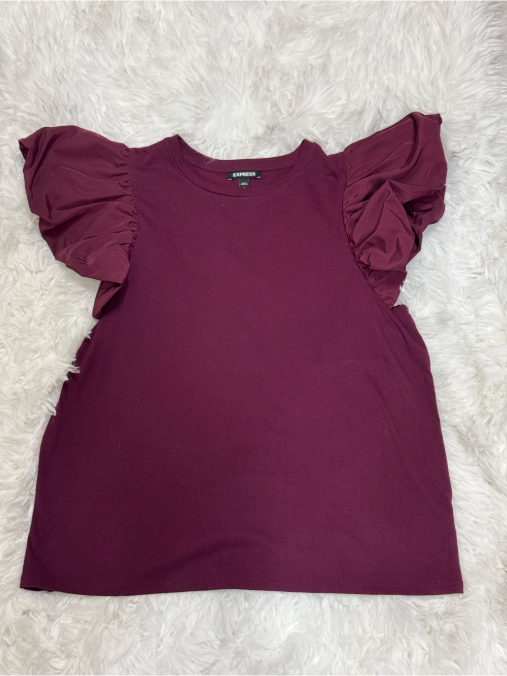 Express Burgundy Puff Sleeve Top L Satin Ruched Crew Neck Tee Wine Maroon Blouse